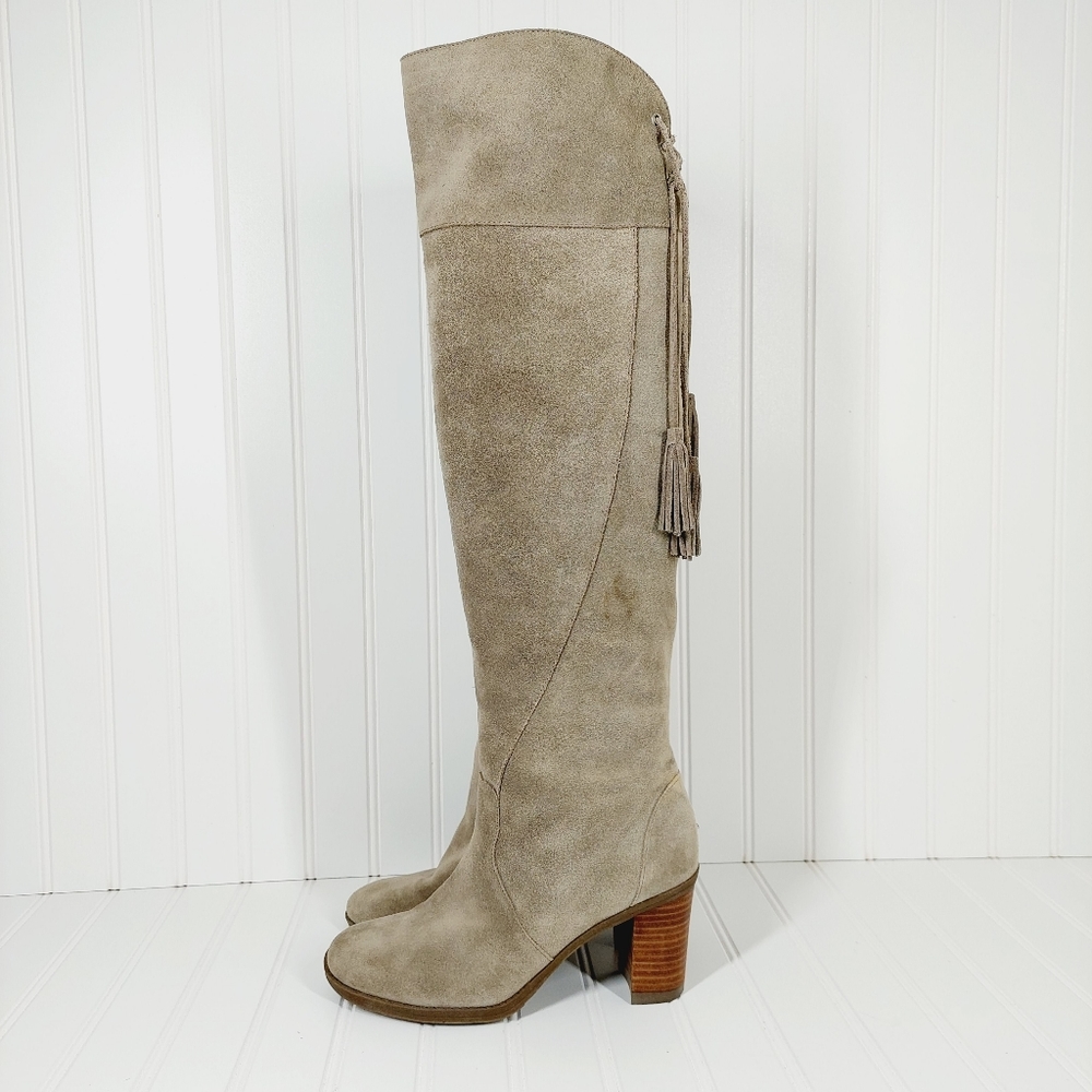 Dr. Scholl's Lydia Suede Block Heel Lace Back & Fringe Over the Knee Boots A431